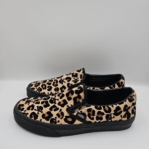 Vans Women's Black and Tan Leopard Slip-On Sneakers
